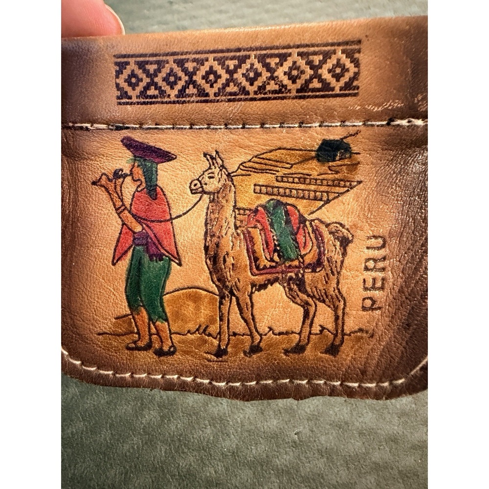 Artisan Peruvian‎ Leather Coin Purse Handmade Leather Brown Scene Llama & Person